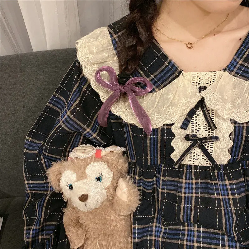 Women Long Sleeve Plaid Pajama Sets Sweet Princess Lace Turn Down Collar Cute Sleepwear Korean Lounge Two Pieces Pyjamas Female