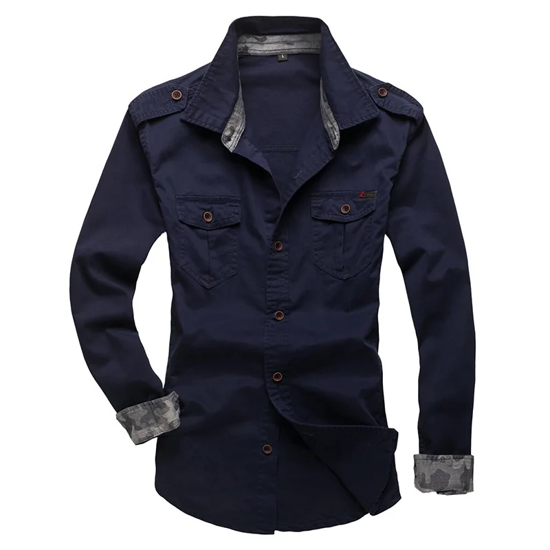 Spring Autumn Men\'s Slim Long Sleeve Cotton Cargo Shirt Outdoor Training Hiking Climbing Sports Shirts Tops
