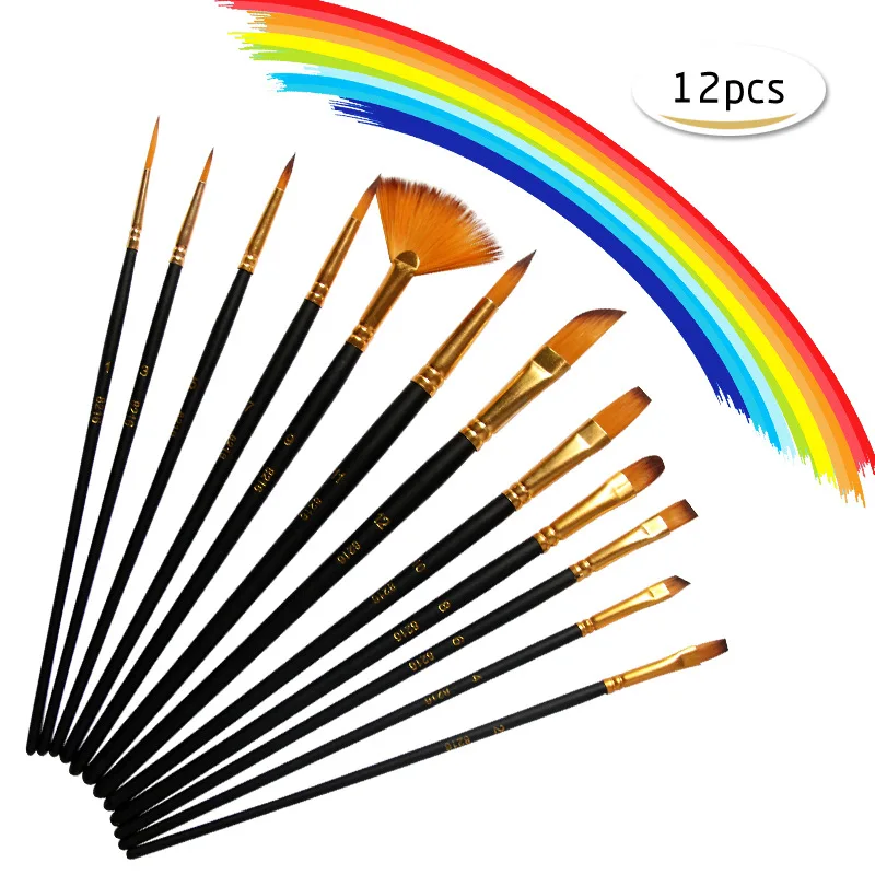 

12 Pcs Paint Brush Pen Set Nylon Hair Multicolor Wooden Handle Watercolor Brush for Oil Acrylic Painting Art Supplies