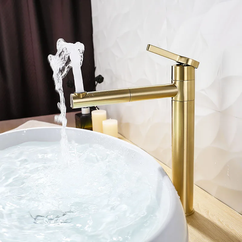 

Cylindrical Hot and Cold Mixed Water Bathroom Basin Faucet Brushed Brass Golden Rotatable Basin Faucet Double Swivel Faucet