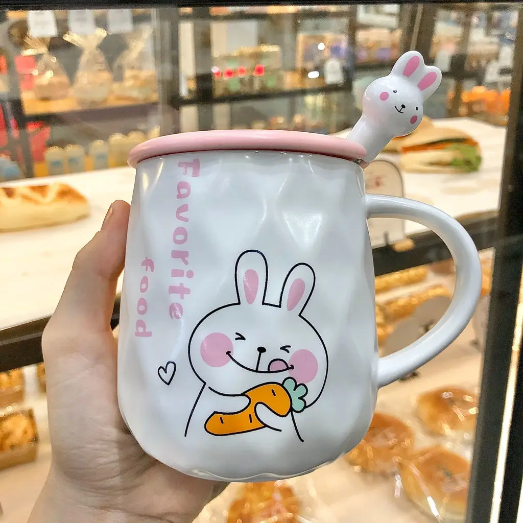 

Cartoon Rabbit Ceramic Cup Cute Creative Coffee Mug with Lid Spoon Coffee Cup Home Carrot Water Cup Christmas Gift Box