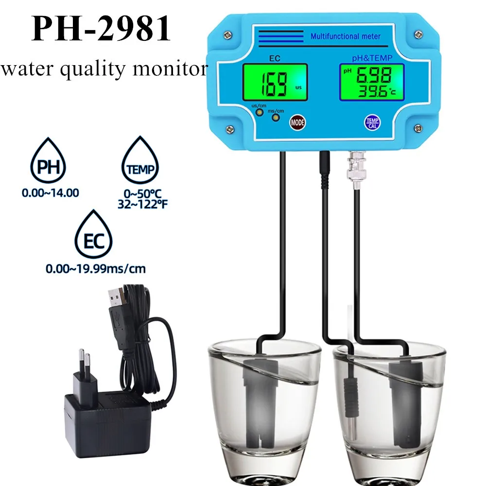 PH-2981 Water Quality Meter 3 in 1 Digital Water Detector PH EC TEMP Tester Multiparameter Continuous Measuring Instrument