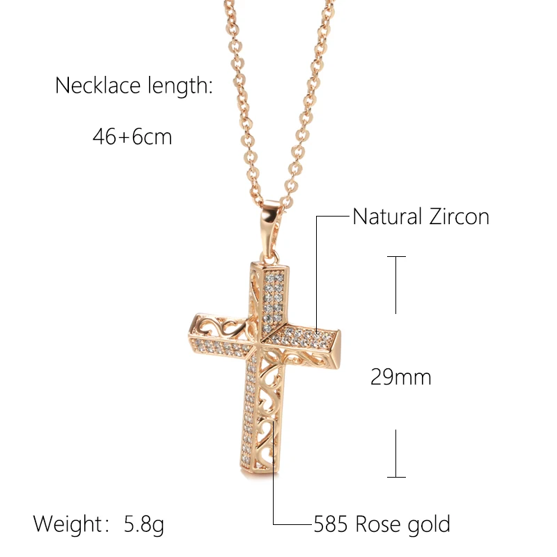 Kinel Exquisite Cross Necklaces 585 Rose Gold Micro Wax Inlay Natural Zircon Hollow Flower Necklaces For Women Vintage Jewelry