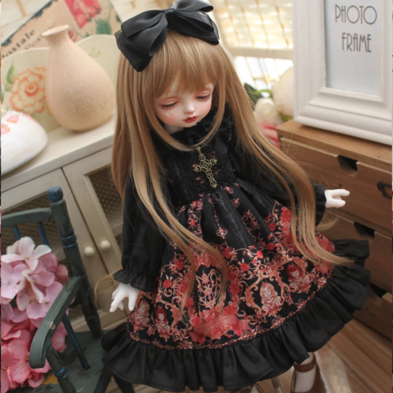 Doll clothes BJD doll dress + bowknot hair band doll dress with print for 1/6 1/4 BJD SD doll Blyth doll salon doll accessories