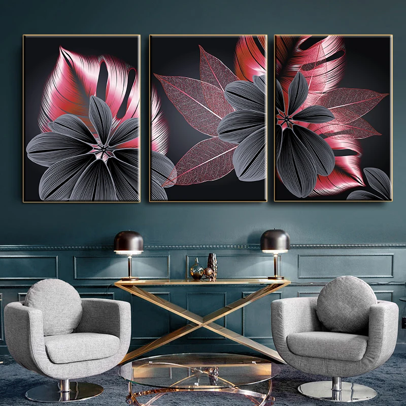 3 Pcs Red And Black Monstera Leaf Posters Wall Art Pictures Canvas Home Decor Posters Paintings Living Room Bedroom Decoration