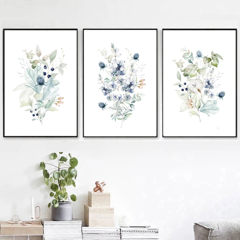 Pintura de flores azules de acuarela, impresiones en lienzo, ramo de flores silvestres, carteles de plantas florales, imágenes de pared para decoración de sala de estar