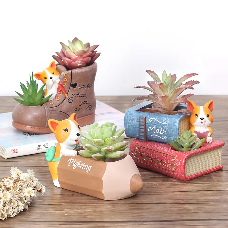 Creative Corgi doniczki na sukulenty rośliny żywiczne donice pulpit doniczki pojemnik na ołówki Home Decoration urodziny prezenty