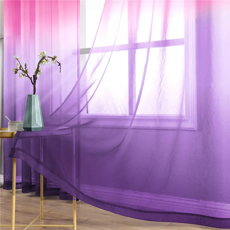 Pink Purple Faux Linen Ombre Sheer Curtains - Gradient Semi Voile Grommet Top Window Curtains for Bedroom and Living Room