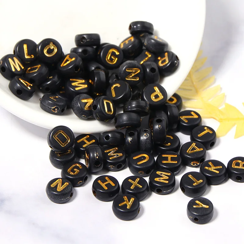 100pcs/lot Dia.7mm Black Gold Spacer Charm Beads Acrylic Letter Beads 26 Alphabet 1.4mm hole For Diy Bracelet Necklace Making