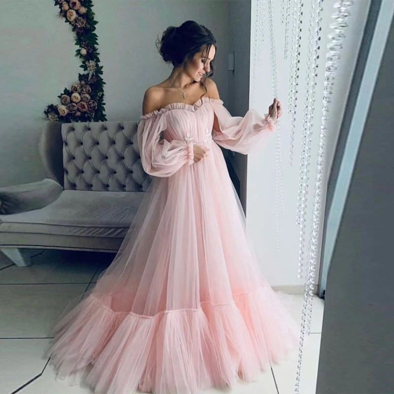 

Pink Prom Dresses for Women Long Sleeve Tulle Backless Lace-up Evening Party Formal Occasion Vestido Para Mujer 2023 Summer Sale