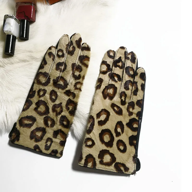 Women\'s autumn winter leopard genuine leather glove female natural leather touchscreen driving riding glove R1222