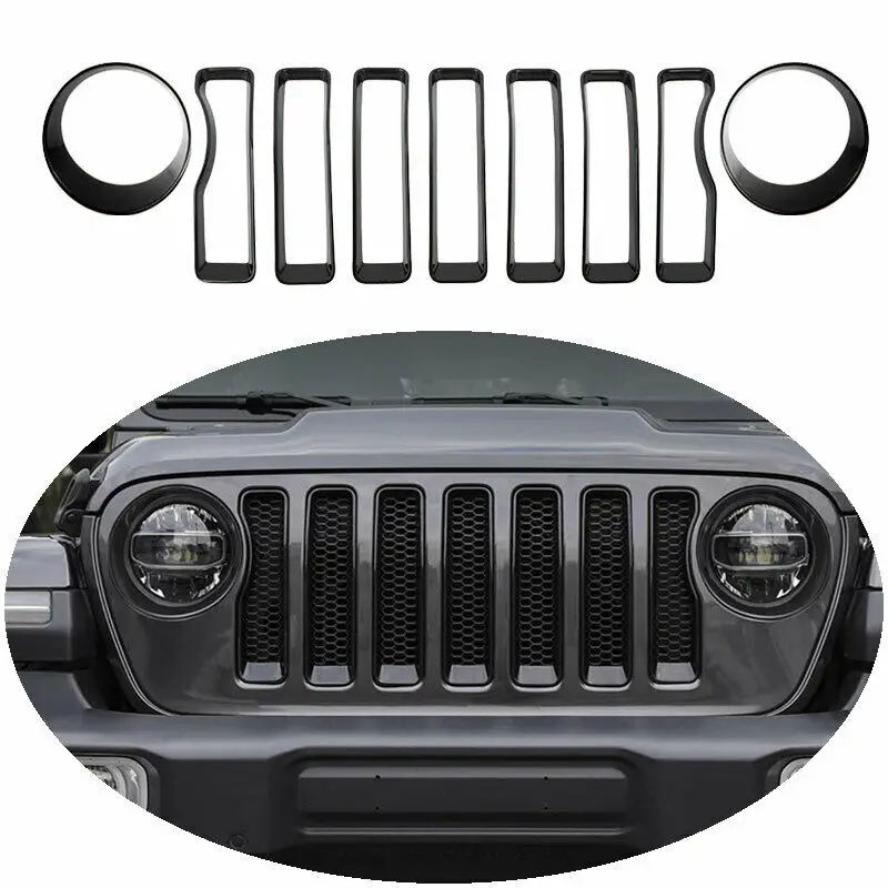 

Front Grille Grill Mesh Grille Insert Kit + Style Headlight Lamp Cover Trim for Jeep Wrangler JL Sport / Sports 2018 2019 2020