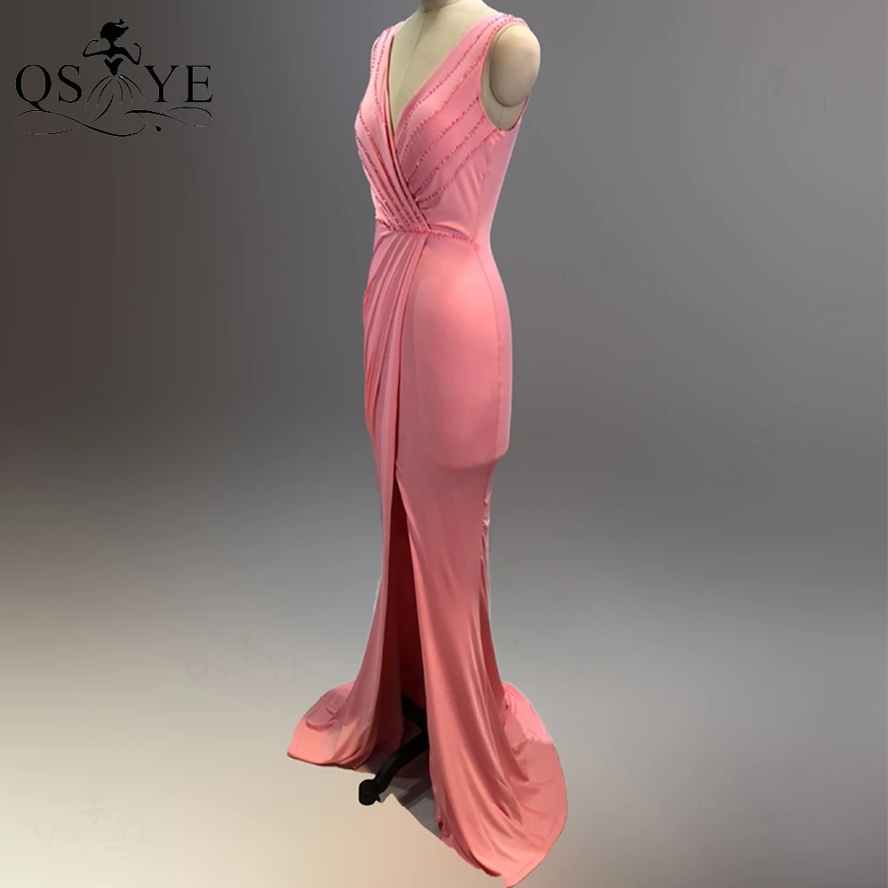 Blush Roze Prom Jurken Elastische Kralen Avondjurk Mermaid Spandex Partij Jassen Sexy Split V-hals Ruches Lange Formele Kleding 2021