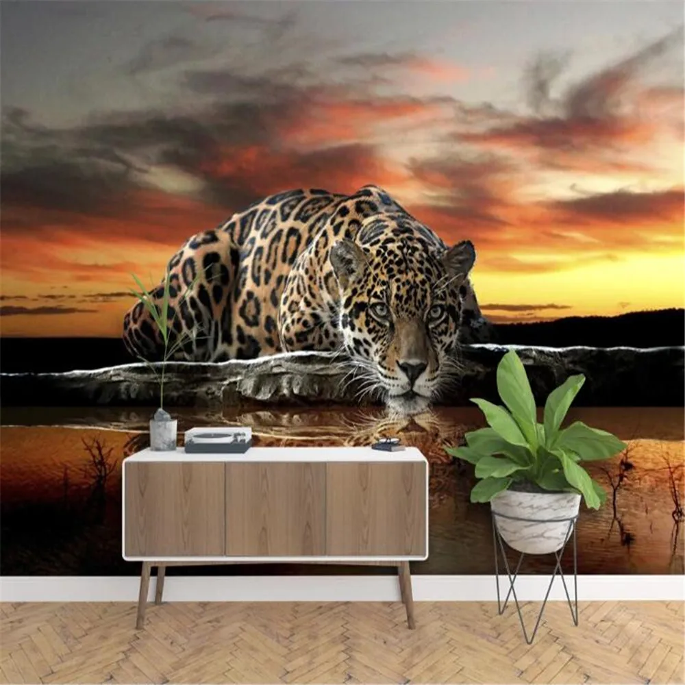 Milofi large 3D modern personality high-definition leopard drinking water reflection mural TV background wall