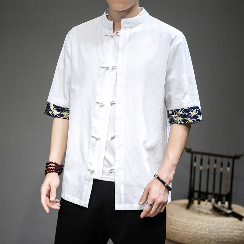 Tradictional Chinese Clothing For Men Cotton Linen Half Sleeve Chinese Style Shirts Kung Fu Tai Chi Tang Suit Style Tops CN-188