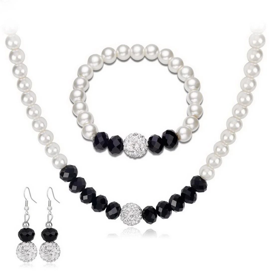 Womens Black and White Jewelry Set Faux Pearls Necklac Earring Bracelet Jewelry Set for Brides Holidays