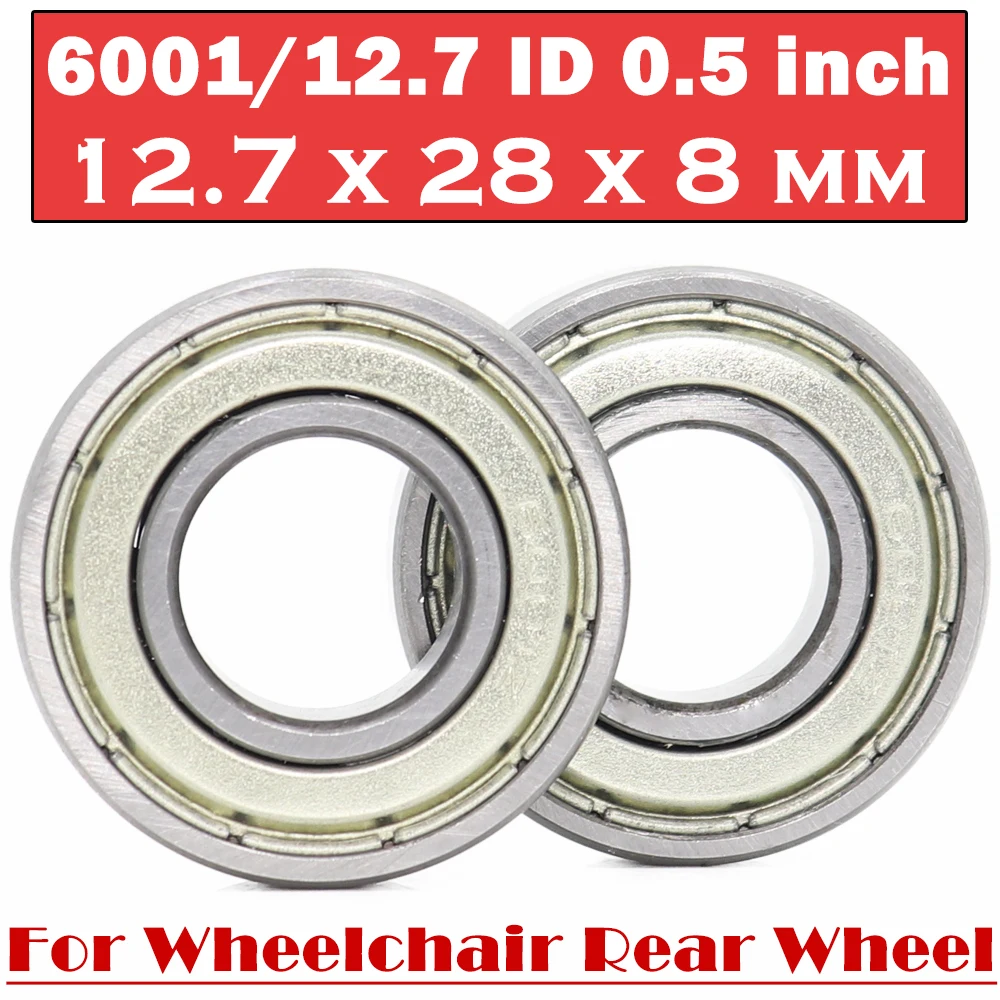 Wheelchair Rear Wheel Drum Bearing ID 0.5 inch ( 2 PCS ) 12.7*28*8 mm Wheelchair Accessories 6001 ZZ Pressure Wheel Bearings