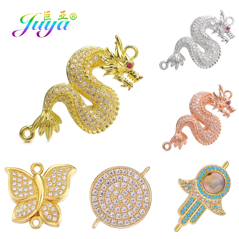 Juya DIY Ali Moda Talisman Jewelry Making Accessories Micro Pave Zircon Dragon Butterfly Fatima Hand Charm Connectors Supplies