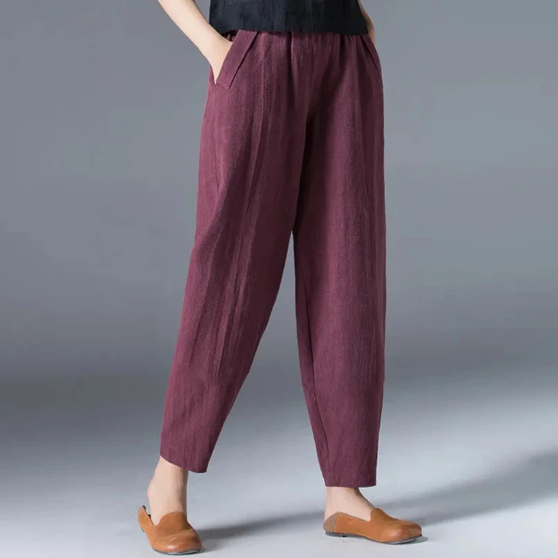 Elastic Waist Women Cotton Linen Harem Pants Solid Colors Wide Leg Pants Plus Size Summer Ankle-Length Pants Loose Trousers 4XL