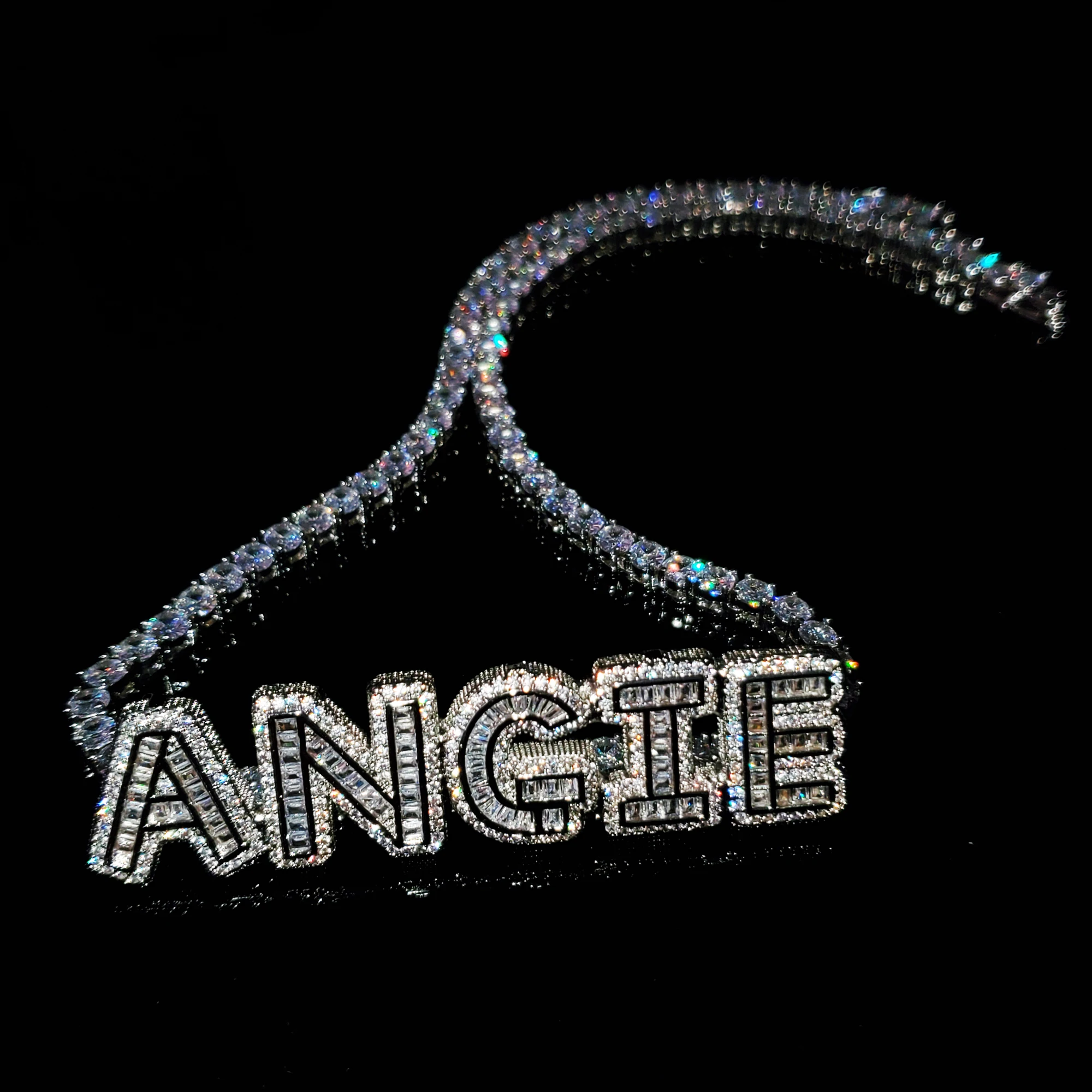 Imagem -04 - Icy Baguette Custom Letters Pingente Tennis Chain Link Colar com Nome Personalizado Gargantilha de Placa Personalizada Belo Presente para Ela