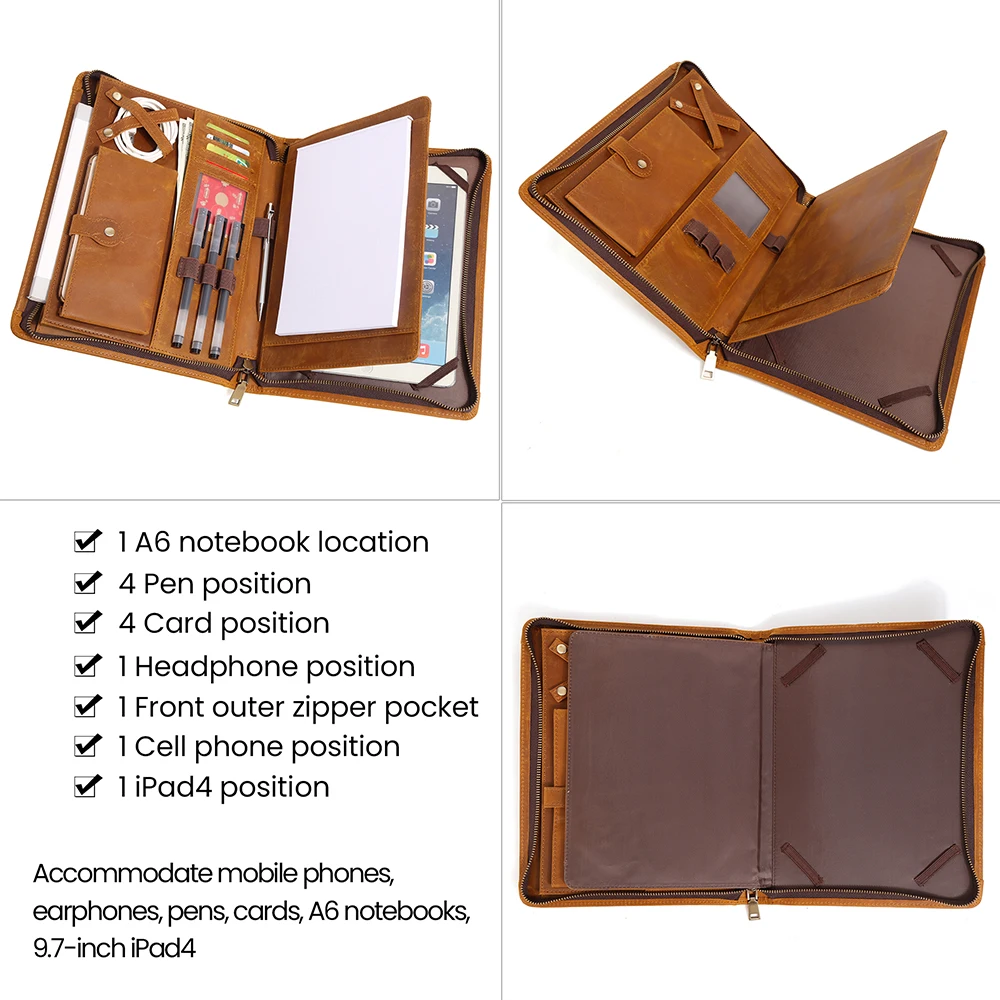 Pochette en cuir véritable avec chaîne YIR pour homme, portefeuille de bureau d\'affaires, étui pour iPad et tablette, évaluation de documents, 9.7