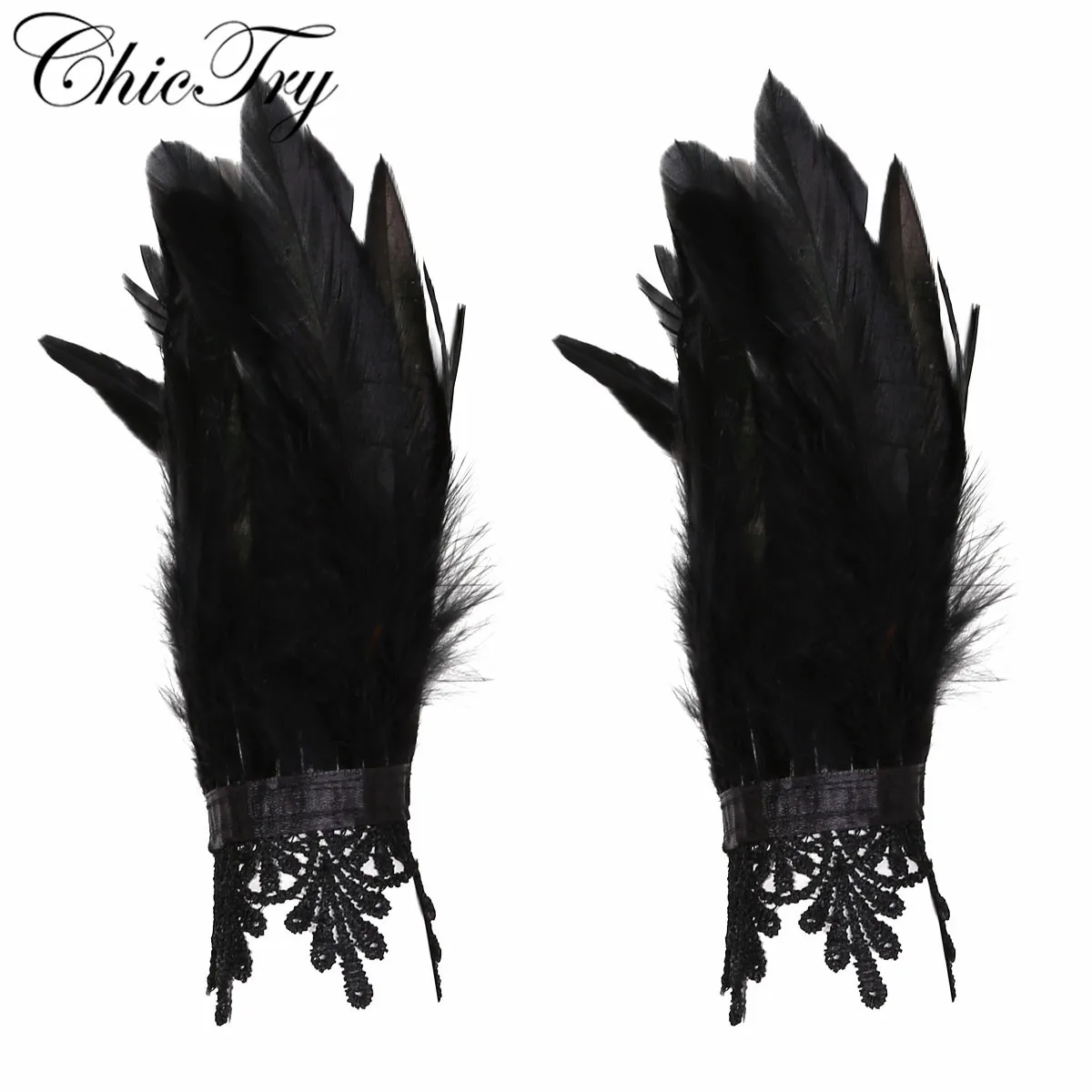 Women Fashion 1 Pair Real Natural Dyed Rooster Feather Wrist Cuffs with Ribbon Ties for Fancy Party Cosplay Costume Halloween