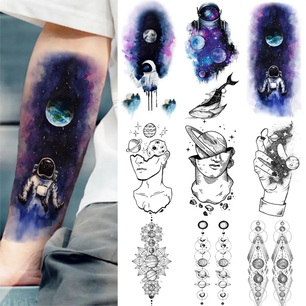 Blue Watercolor Galaxy Astronaut Temporary Tattoos Outer Space Man Body Art Fake Tattoos Stickers Forearm Planets Thinker Tatoos