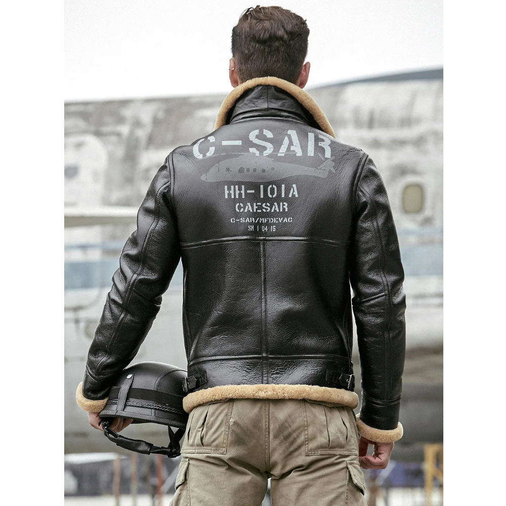 2019 New Mens Black Sheepskin Shearling Jacket Motorcycle Fur Coat Leather Jacket Thick Mens Winter Coats