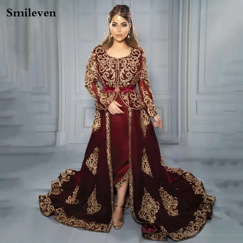 Smileven Algerian Caftan Burgundy Formal Evening Dresses Velvet Special occasion Dresses Lace Appliques Outfit Prom Party Gowns