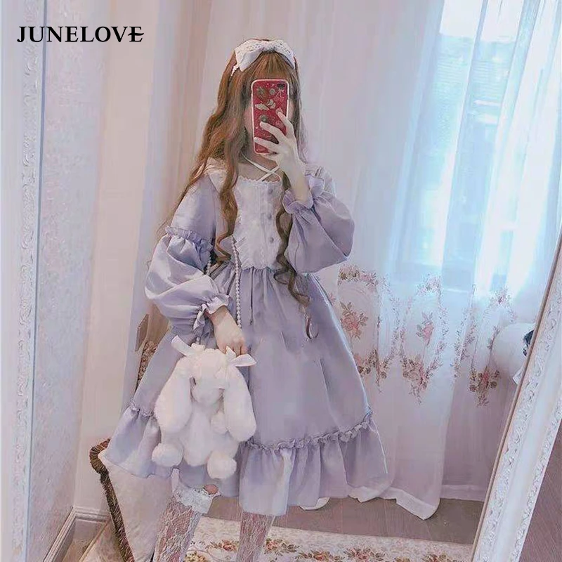 Alice In Wondeland Cute Women's Lolita OP Dress Flouncing Lace Trim Japanese Harajuku Long Sleeves Doll Dress Fairy Vestidos