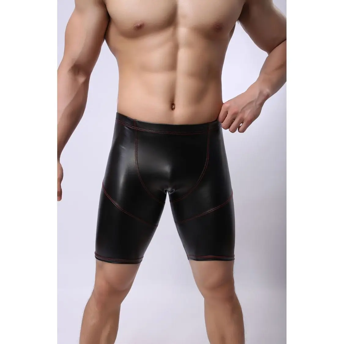 New Men Sexy Pants Elastic Knee Length Faux Leather Personalized Stylish Slim Fit