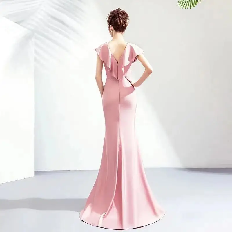 Vestido de noche elegante con lentejuelas y hombros descubiertos, vestido de noche ajustado con cintura alta y cremallera en la espalda, vestido de fiesta liso con manga con volantes para otoño 2025