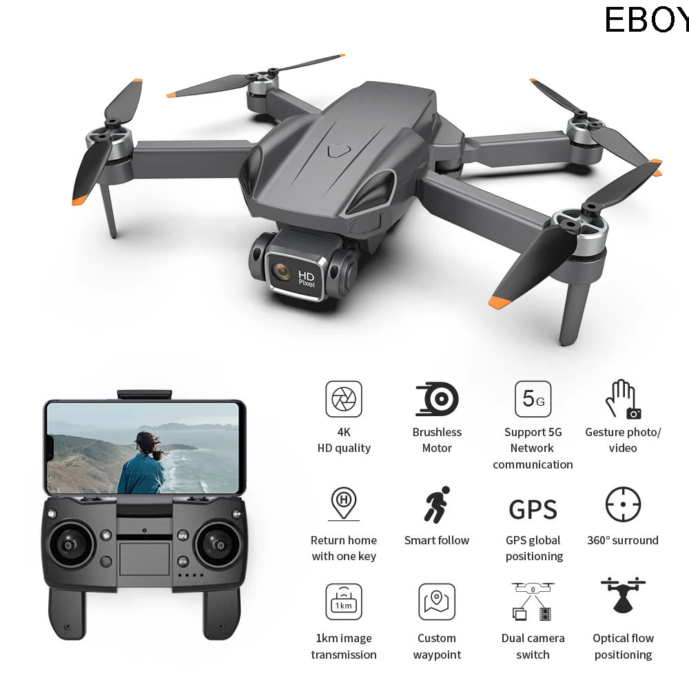 EBOYU G21 GPS Drone Brushless 5G WiFi FPV 4K HD Camera GPS Return Dual Camers Optical Flow Foldable RC Drone Quadcopter Toy RTF