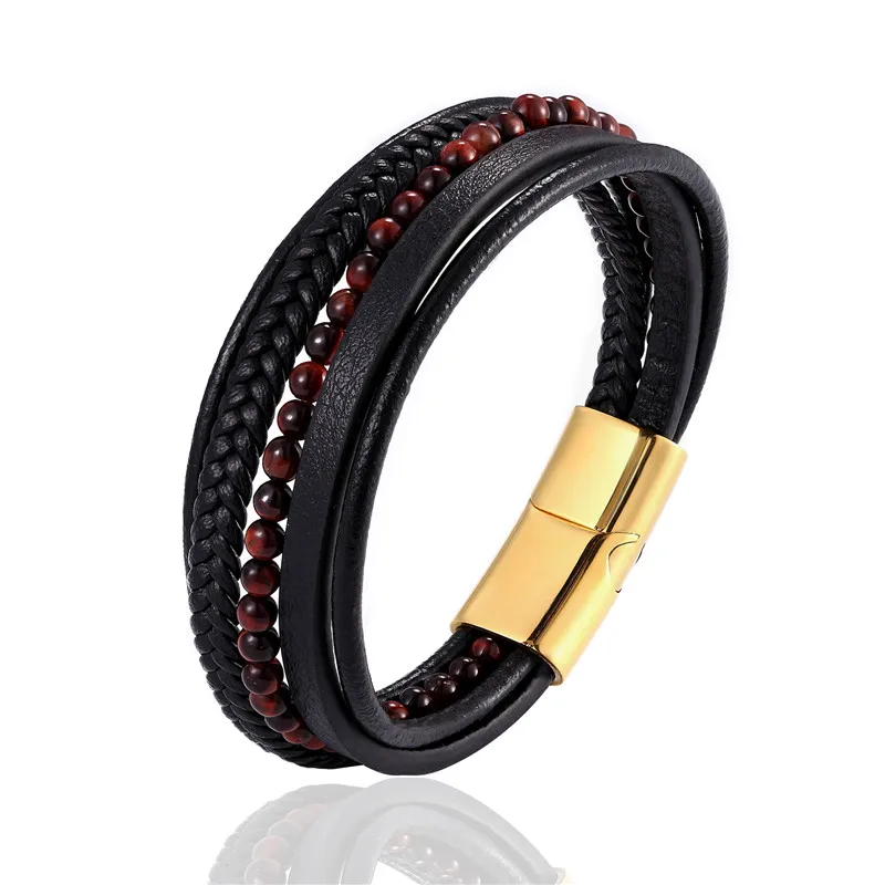 Mkendn moda masculina jóias trançado pulseira de couro vermelho tigre olho contas pulseira preto aço inoxidável fecho magnético