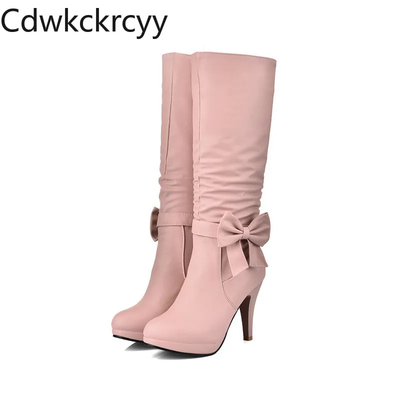 winter The New fashion Round head Thick heel 10CM Knight boots white sweet Bow Plus velvet Keep warm High heel Women boots 34-43