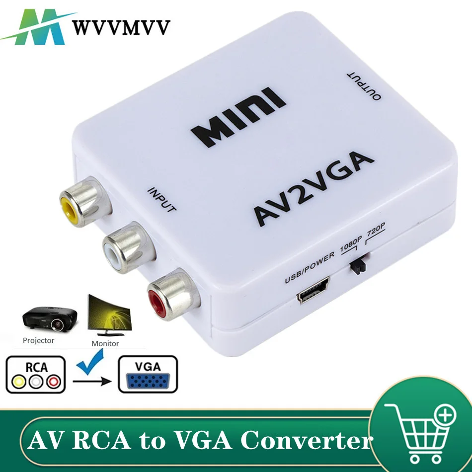 Преобразователь видео Mini HD AV2VGA, преобразователь AV RCA CVBS для VGA, видеопреобразователь с 3,5 мм преобразователем аудио в ПК HDTV