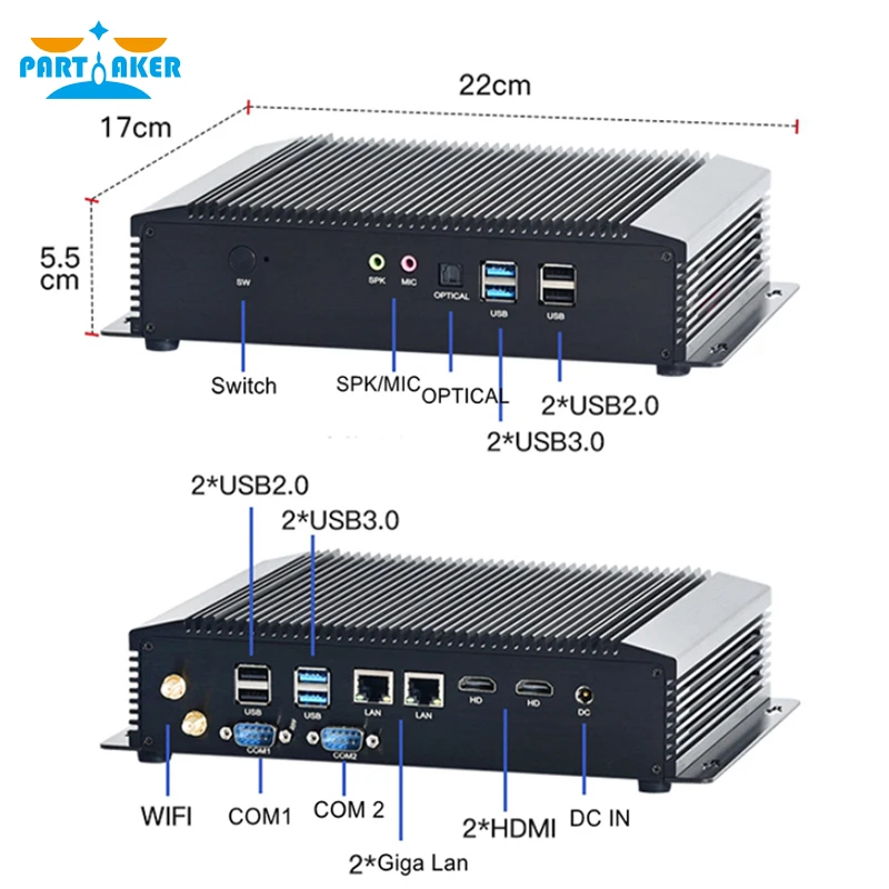 Wentylator przemysłowy Mini PC i5 1035G1 i7 1065G7 Windows 10 Pro Win11 2*DDR4 2*Lan 2*HD karta SIM wytrzymały komputer stacjonarny PC