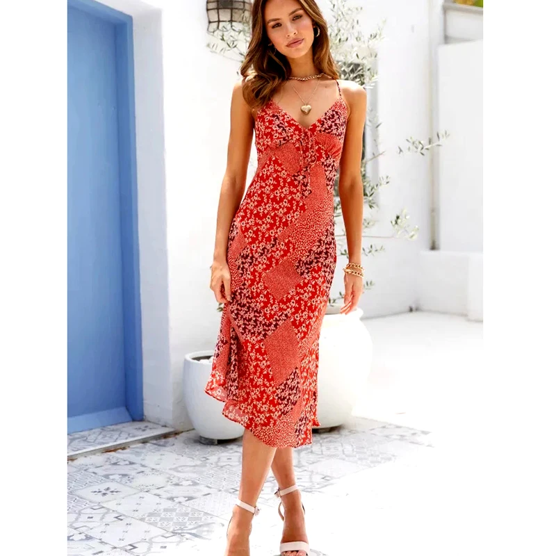 GypsyLady Orange Floral Strappy Dress Summer Vintage Holiday Women Dress Backless Sexy Ruffles Button Lady Female Long Dress