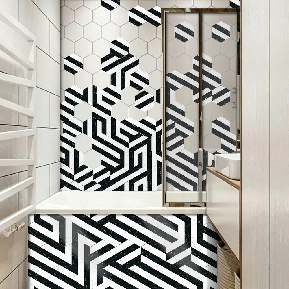 PVC wear-resistant non-slip black and white striped floor tile tile kitchen bathroom self-adhesive decorative hexagonal sticker