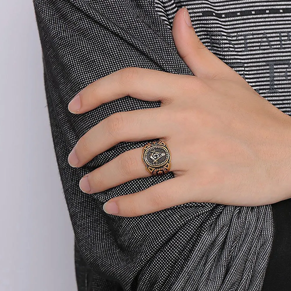 Vintage Men Masonic Rings Quality Stainless Steel Jewelry Wedding Band for Men Retro Gold Color Titanium Punk Rings