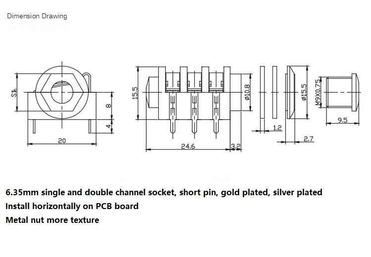 Geluid Originele 6.35Mm Hoofdtelefoon Socket Plug Drie Core Stereo Moeder Socket