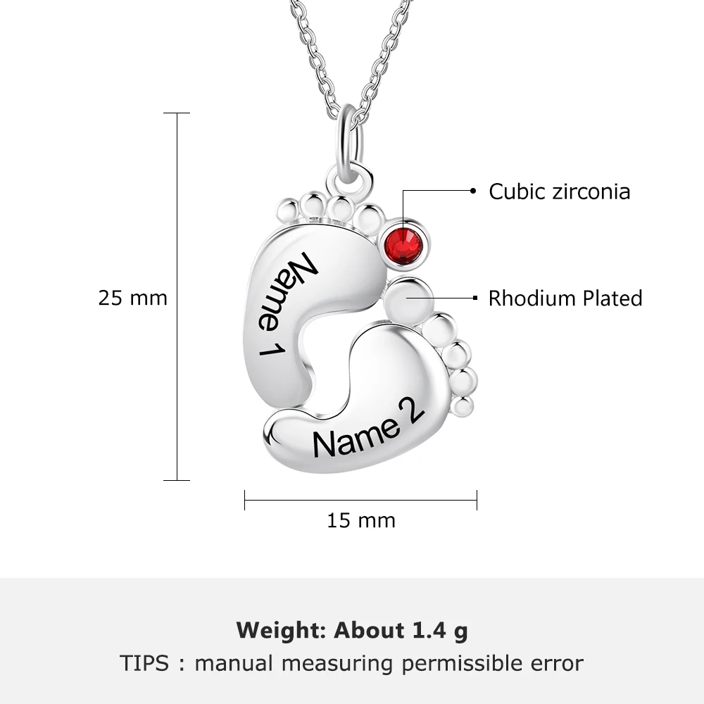 Customized 2 Names Baby Footprint Necklace Personalized Birthstone Engraved Necklaces for Women Gifts (JewelOra NE104081)