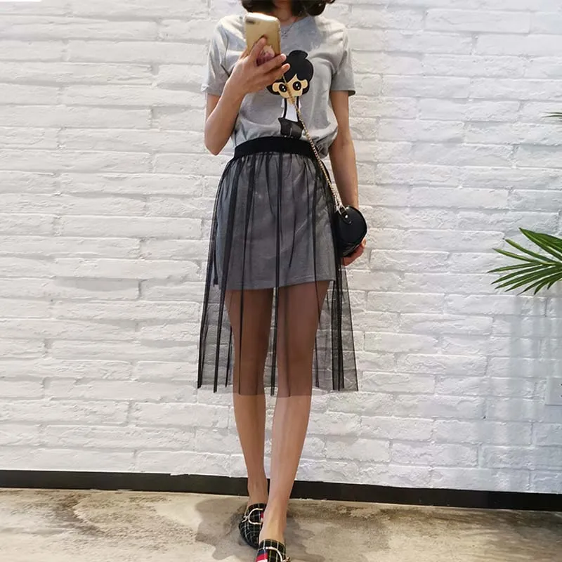 2019 new single-layer see-through mesh skirt transparent gauze casual elegant Knee-Length black white high waist elastic skirt