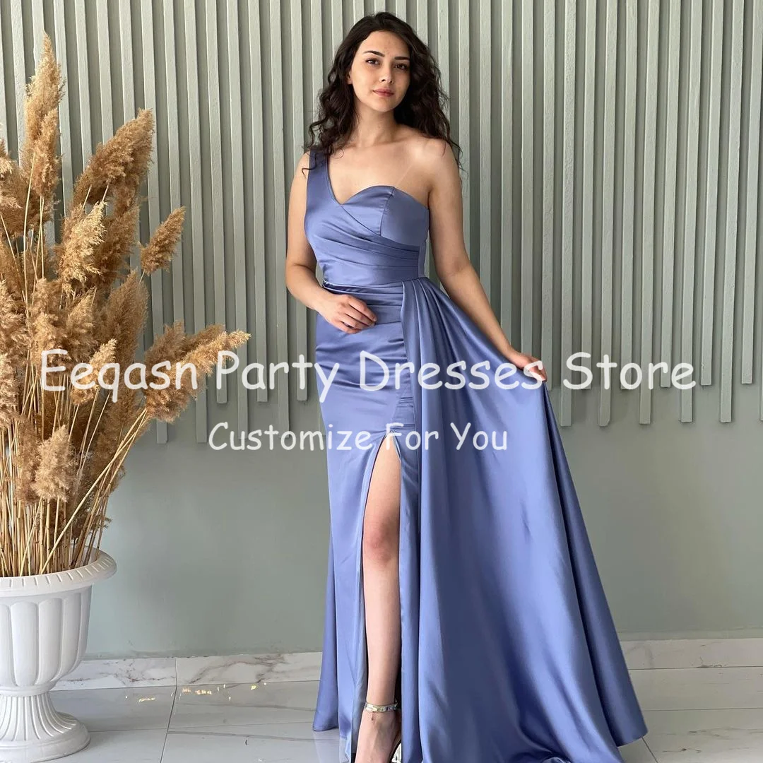 Teal Red Satin Mermaid Bridesmaid Dresses Long Pleated One Shoulder Formal Evening Dress Women Slit Slide Prom Gowns Customized