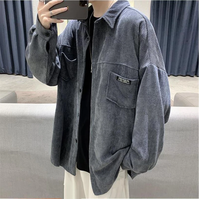 

Corduroy Shirt Men's Autumn Korean Fashion Streetwear Casual Single-breasted Turn-down Collar Shirts Male Camisas De Los Hombres