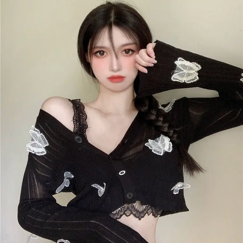 T-shirts Women Tender Slim Summer Butterfly-lace Knitting All-match Fashion Ins New Cropped Tops Harajuku Single Breathable Sexy