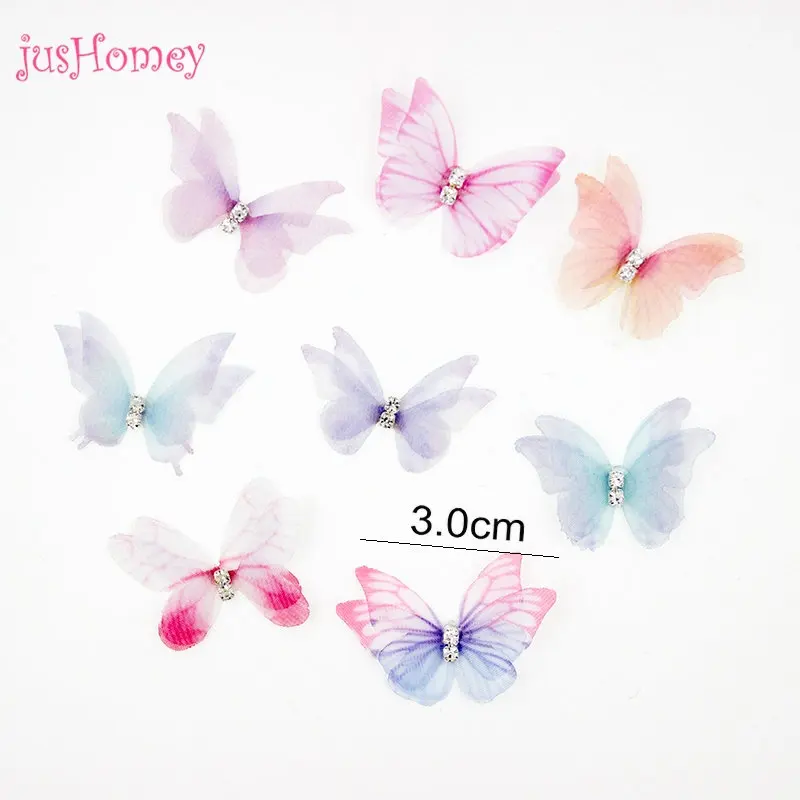 100PCS Double-layered Organza Butterfly Appliques 30mm Silk Butterflies w/ Rhinestone for DIY Jewelry Making, Choker, Hair Clips