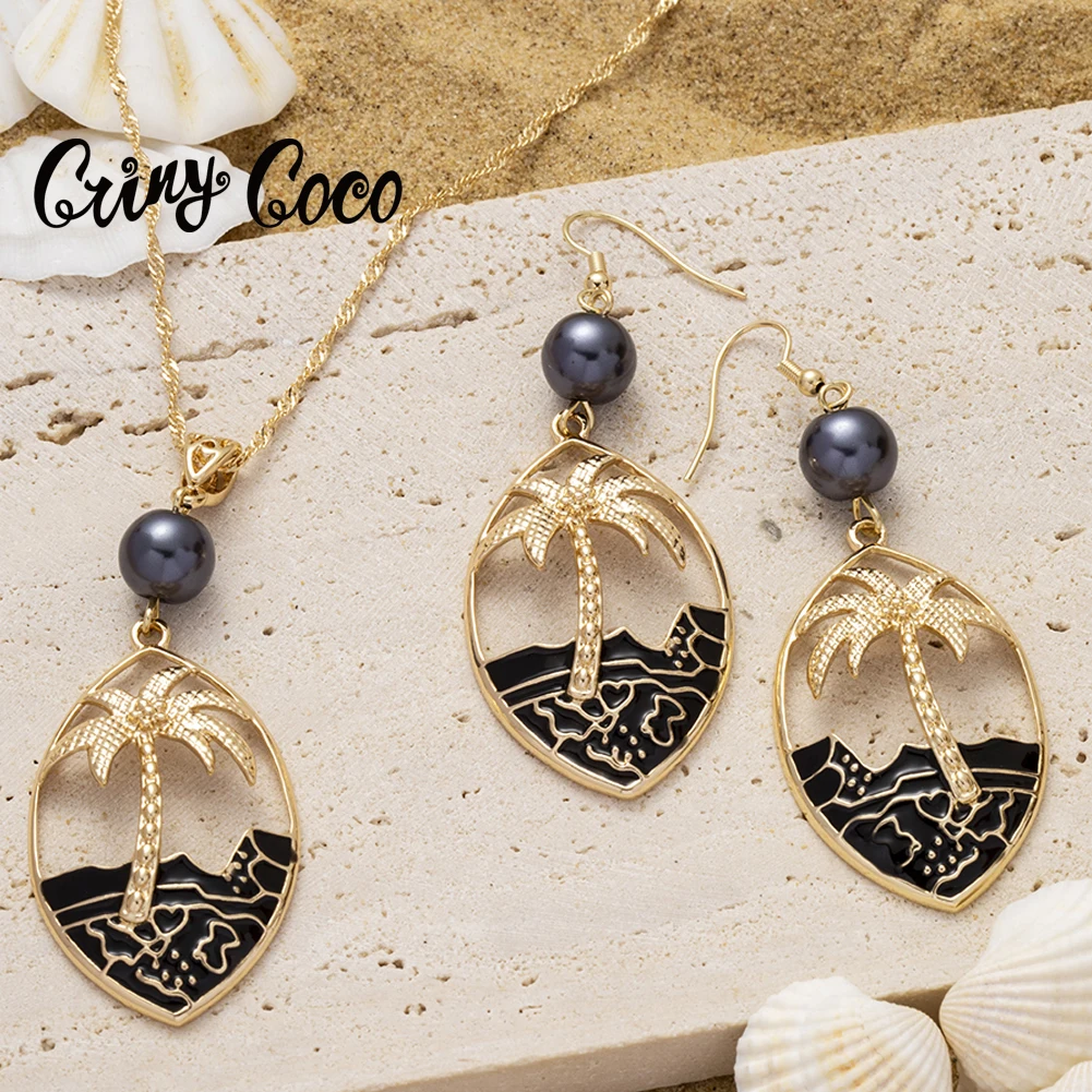 Cring Coco Fashion Hibiscus Flowers Jewelry Sets Female Holiday Zinc Alloy Dangling Drop Earrings Pendant Necklace Set for Women