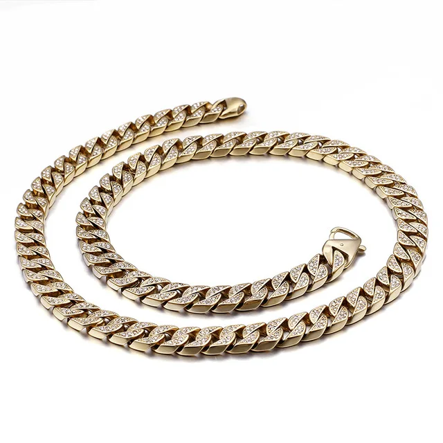 

European and American hip-hop domineering male stainless steel jewelry full inlaid Cz big gold chain Cuban chain necklace