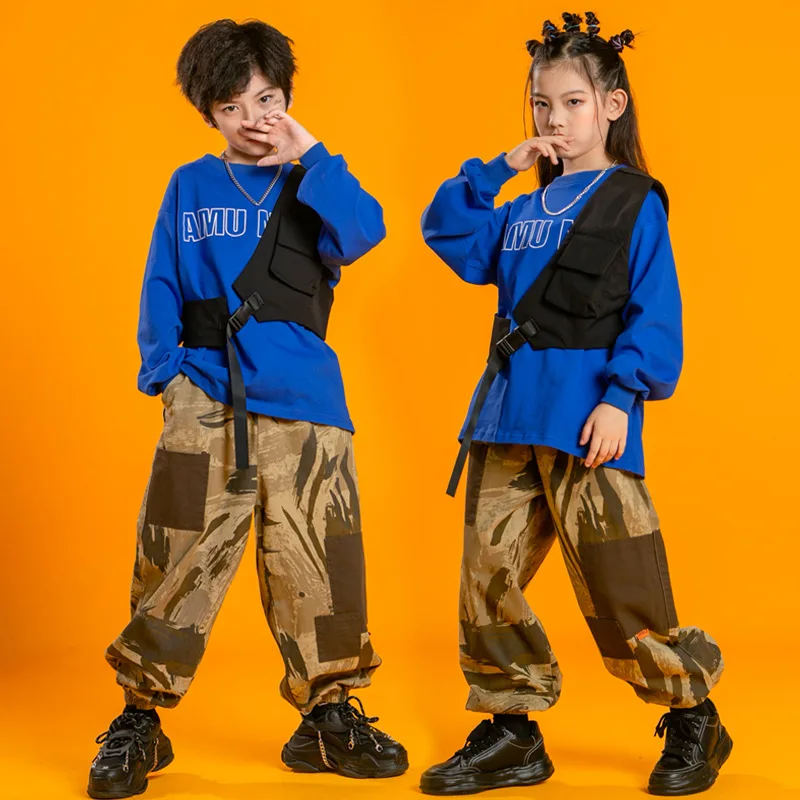 

Kid Cool Hip Hop Clothing Oversized Blue Sweatshirt Top Streetwear Camo Jogger Pants for Girls Boys Jazz Dance Costume Clothes